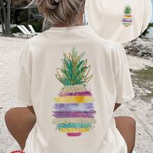 Fashionable And Personalized Y2K Women's T-Shirt, 180g Pure Cotton, Loose-Fitting Short-Sleeved Top, Urban Style Elegance, Casual And Breathable For Everyday Wear, Creative Summer Print, Outdoor Sports Gift, Bohemian Style, Pineapple, Leaves, Gold Thread. - 黑色 - 查看 7