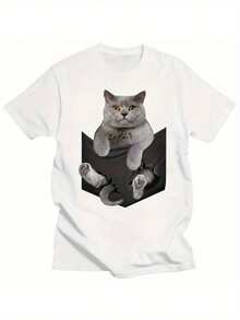 Men's Plus Size Cotton T-Shirt With British Shorthair Cat Peeking Out Of Pocket - Casual Crew Neck, Short Sleeve, Machine Washable, Spring Summer Autumn Essential, Everyday Comfort, Fun Graphic, Easy Care Clothing, PLUS SIZE - 白色 - 查看 7