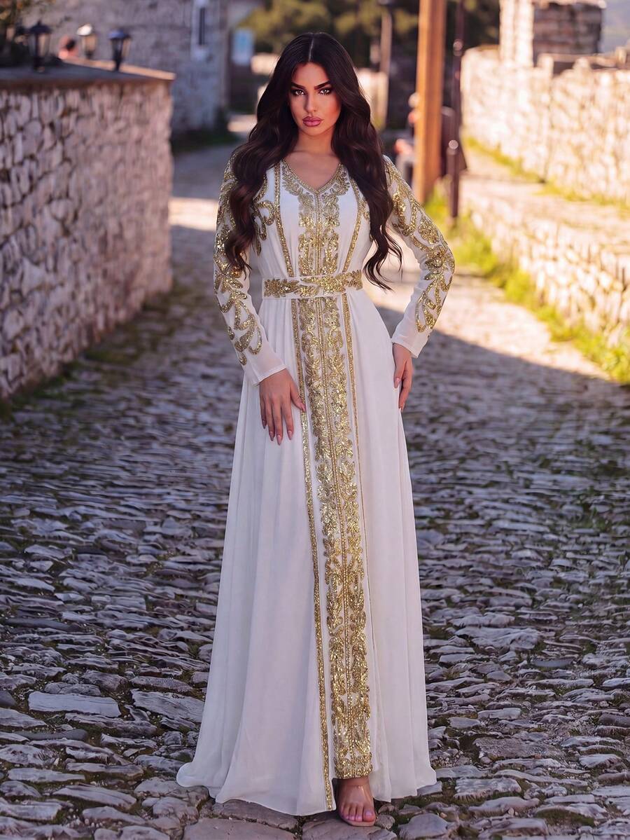 Faeriesty Đầm maxi xòe cổ chữ V thanh lịch và quyến rũ dành cho nữ, với chi tiết đính sequin tương phản và thắt lưng, phù hợp cho đám cưới, dạ hội, lễ trao giải và các dịp tiệc tùng khác. Màu trắng. - trắng - Xem 1