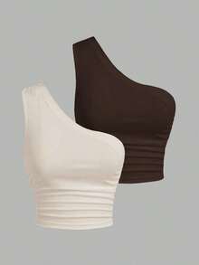 Blusa de un hombro de punto en tonos negro y beis para mujer - Multicolor - Ver 1