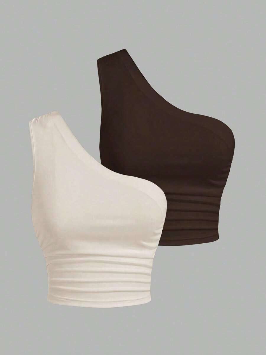 Blusa de un hombro de punto en tonos negro y beis para mujer - Multicolor - Ver 1