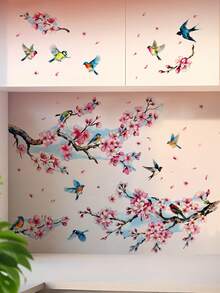 3件套樱花树枝墙贴，粉色花鸟墙贴，适用于卧室、客厅、电视背景墙 - 3pcs - 查看 4