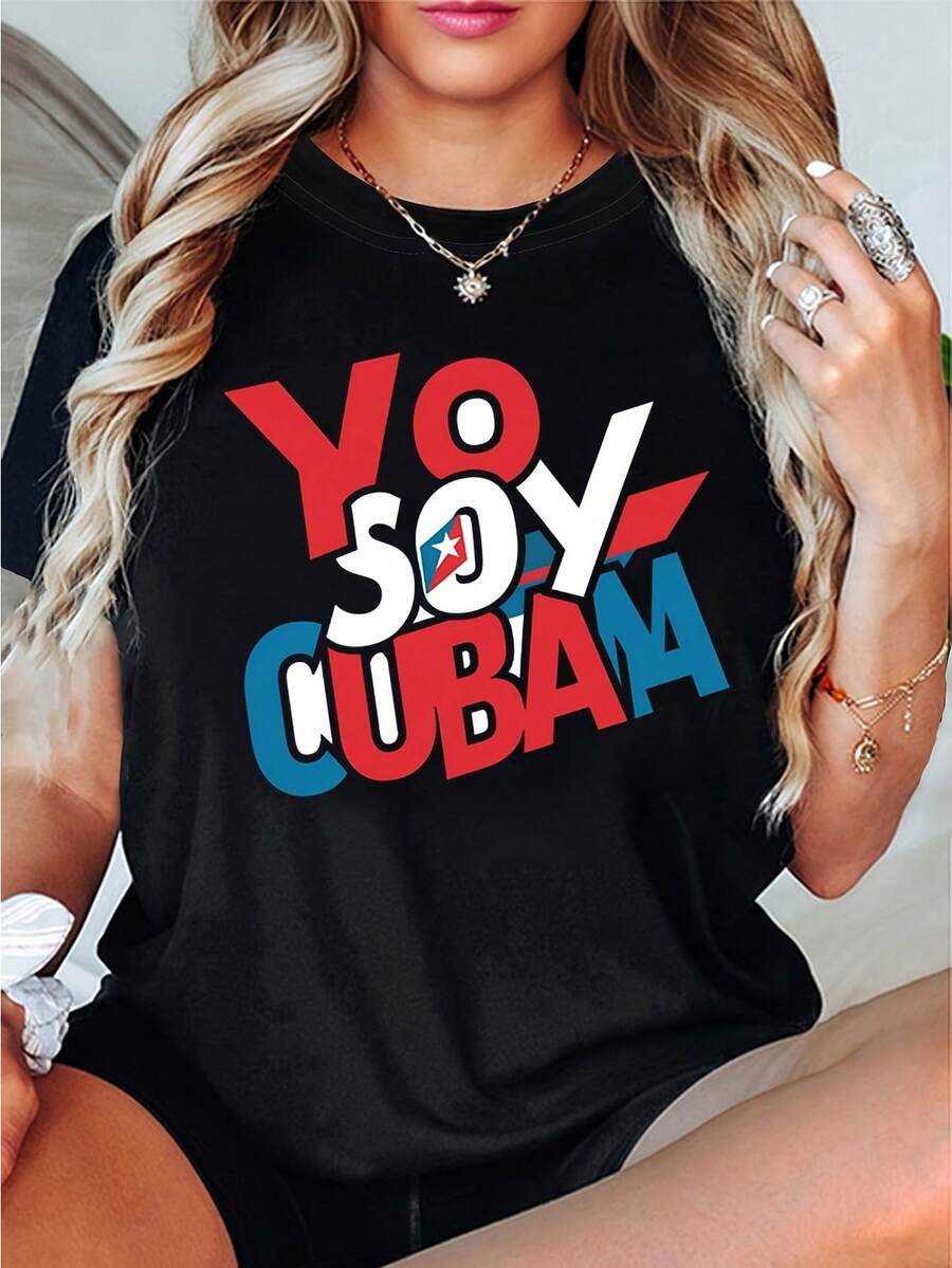 Graphic T-Shirt For Women And Men - "Yo Soy Cubam" Design - Cuban Pride - Black Base With Red And Blue Lettering, Soft, Breathable And Lightweight, Regular Fit, Short Sleeves, Crew Neck, Machine Washable, Casual Summer Top, Suitable For Cultural Fashion And Casual Wear - Cotton T-Shirt With Cuban Cultural Heritage - 黑色 - 查看 1