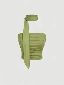 Blusa de punto plisada de unicolor para mujer - Verde militar - Ver 5