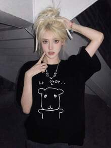 Soft 100% Cotton T-Shirt. Stylish And Fashionable Women's T-Shirt For Summer, With A Round Neck And Short Sleeves, Featuring A Cartoon Puppy Print. Versatile, Comfortable, Loose-Fitting, And Breathable. A Cotton T-Shirt That Goes With Everything. - 黑色 - 查看 1