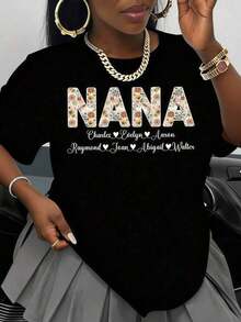 Personalized T-Shirt With Floral Nana Lettering Design And Family Names (Charles, Evelyn, Aaron, Raymond, Joan, Abigail, Walter) As A Gift For Grandma In Spring And Summer Summer Clothes, Graphic Tees - 黑色 - 查看 1