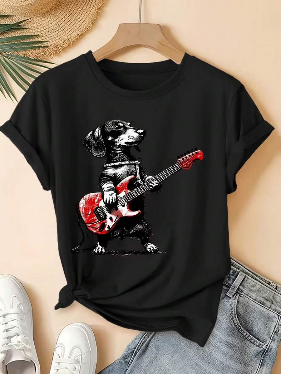 Women's Vintage Punk T-Shirt With Dachshund Print, Short Sleeve, Round Neck, Red Electric Guitar Print, Loose Fit, Suitable For Parties, Daily Travel, Casual Wear, Spring, Summer And Autumn Clothing. - 黑色 - 查看 1