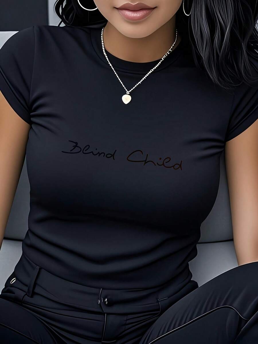 Women's Pure Cotton Short Sleeve T-Shirt, Versatile, Round Neck, Letter Print, Casual And Modern Style, Short Sleeve Sweater, Round Neck T-Shirt For Women. - 黑色 - 查看 1