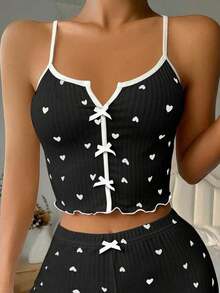 Top de pijama de mujer con estampado de corazones y decoración de moño - Negro - Ver 3