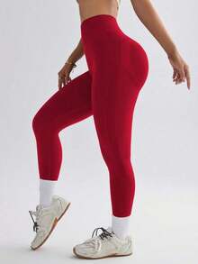 sin costuras de cintura alta de unicolor para uso diario, fitness y yoga para mujeres - Rojo - Ver 5