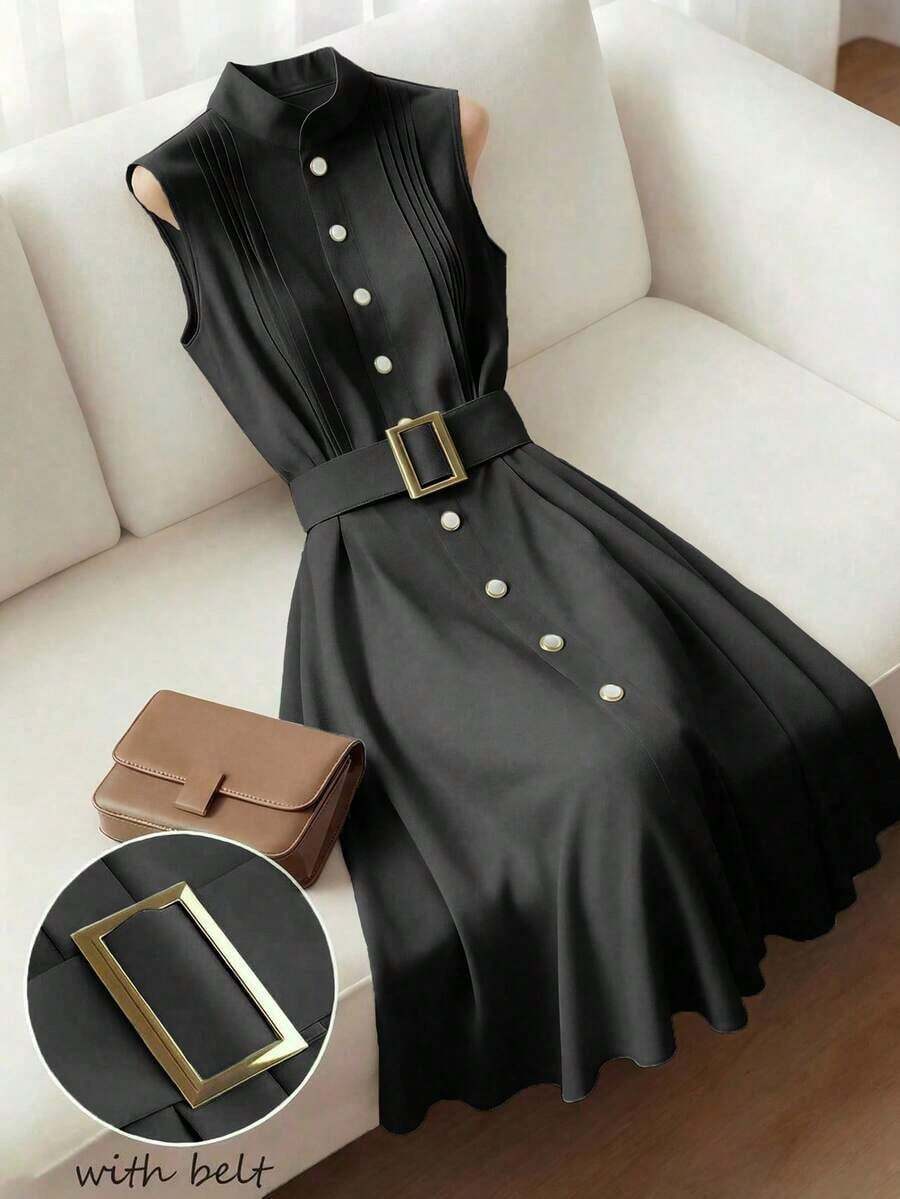 Vestido elegante francés de cuello redondo sin mangas con cinturón de cintura y decoración de botones - Negro - Ver 1