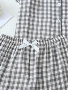 piezas de pijama con pantalón corto, de manga corta y estampado a cuadros para mujeres, ropa de estar por casa de verano - Blanco y Negro - Ver 6