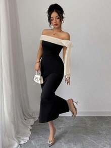 Vestido largo elegante con hombros descubiertos y decoración de lazo - Negro 3 - Ver 6