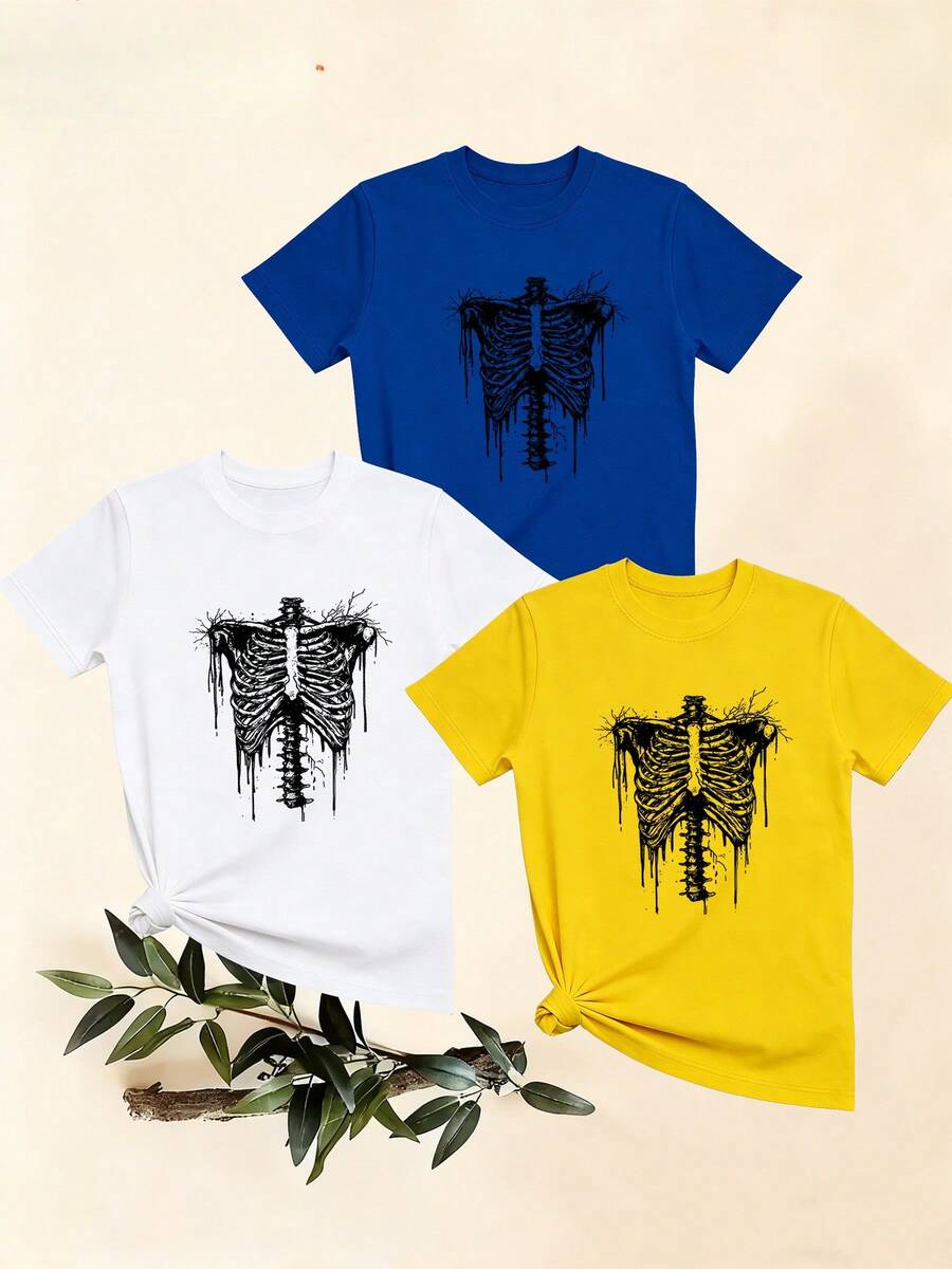 Women's T-Shirts, Women's T-Shirts, Dark Style Skull Print Chest One-Piece T-Shirt, Comfortable Casual Top, Unique Short Sleeve Set And A. - 1件白色隨機圖案 - 查看 1
