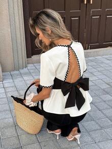 PariChic Blusa de mujer con lazo en la espalda y color crema/blanco para primavera/verano, top corto con volantes en el bajo y contraste de color - Multicolor - Ver 12