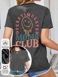 Women's Valentine's Day Sets, Women's Summer T-Shirts With 'Overstimulation Mom Club' Graphic Print, Round Neck, Short Sleeve, Simple Casual Style For Everyday Wear, Plus Sizes, Black, Graphic Print T-Shirts For Mom's Birthday, Fun Summer Clothes With Mom Prints, Summer T-Shirts With Face And Letter Prints, Loose And Comfortable, Benito Bowl T-Shirts - 深灰色 - 查看 1