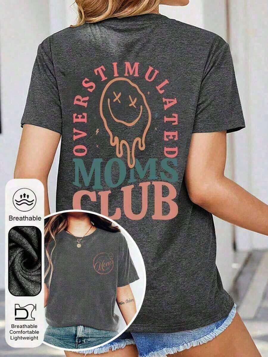 Women's Valentine's Day Sets, Women's Summer T-Shirts With 'Overstimulation Mom Club' Graphic Print, Round Neck, Short Sleeve, Simple Casual Style For Everyday Wear, Plus Sizes, Black, Graphic Print T-Shirts For Mom's Birthday, Fun Summer Clothes With Mom Prints, Summer T-Shirts With Face And Letter Prints, Loose And Comfortable, Benito Bowl T-Shirts - 深灰色 - 查看 1