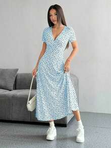 Vestido casual de verano con cuello en V, manga corta y estampado floral diminuto (corte aleatorio) para mujer - Multicolor - Ver 4