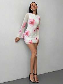 corto ajustado con mangas largas, estampado de tie-dye y parte posterior abierta y atada, de estilo sexy y a la moda para mujer - Rosa Pálido - Ver 3