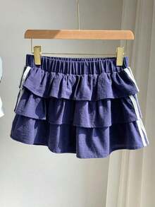 Falda pantalón para mujeres para conciertos campestres, blanca, de tejido, con cintura elástica y volantes en el bajo con silueta evasé - Azul marino 3 - Ver 3