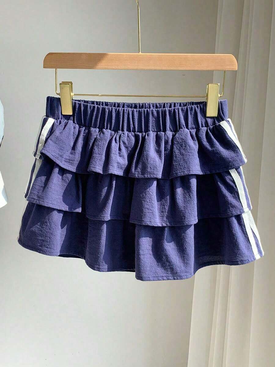 Falda  para mujer, de tela tejida a rayas con cintura elástica y dobladillo con volantes, adecuada para festivales de música country - Azul marino 3 - Ver 1