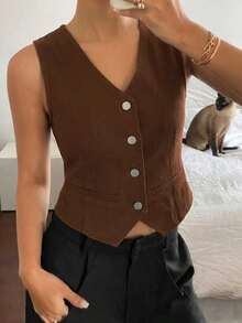 Chaleco vaquero casual con cuello en V para mujer - Marrón - Ver 7