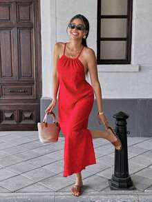 Vestido casual de vacaciones de corte moderno, de cuello halter, cruzado y con nudo en la espalda - Rojo 2 - Ver 4