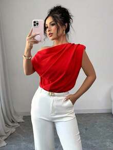 Blusa de unicolor con cuello asimétrico y plisado a la moda para mujeres - Rojo - Ver 8