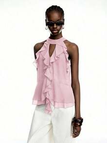 Elegant Solid Color Halter Top With Ruffles For Women - 羅莎 - 查看 8