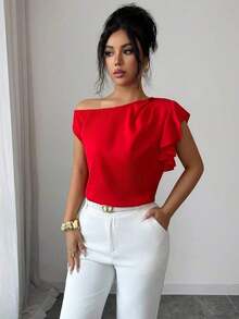 Ellegaria.Blusa elegante y sexy con hombro descubierto asimétrico, con volantes - Rojo - Ver 4