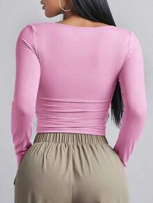 Camiseta crop de cuello cuadrado fruncido lateral - Rosa - Ver 2