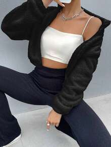 Drop Shoulder Zip Up Teddy Jacket Fall Winter Cloth For Women - Negro - Ver 4