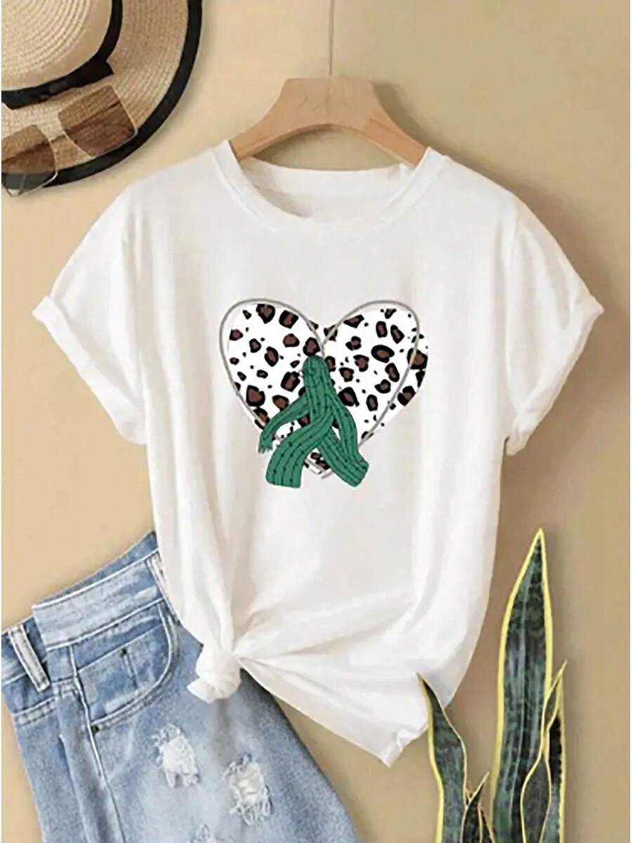 Women's Casual Heart Print Short Sleeve T-Shirt And Leopard Print - [白色的] - 查看 1