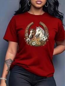 Women's Plus Size Floral And Horse Graphic T-Shirt - Elegant Two Horse Design In Black, Soft And Stretchy Crew Neck, Casual And Formal Outfits For Everyday Wear - Machine Washable Women's Tops (Sizes) - Perfect For The Office, Parties, Vacations, Horse Gifts, Holiday Wear, Non-See-Through Material, Party Outfit, Comfortable Fit, Elegant Blouse, Office Ladies, 100% - 紅色的 - 查看 6