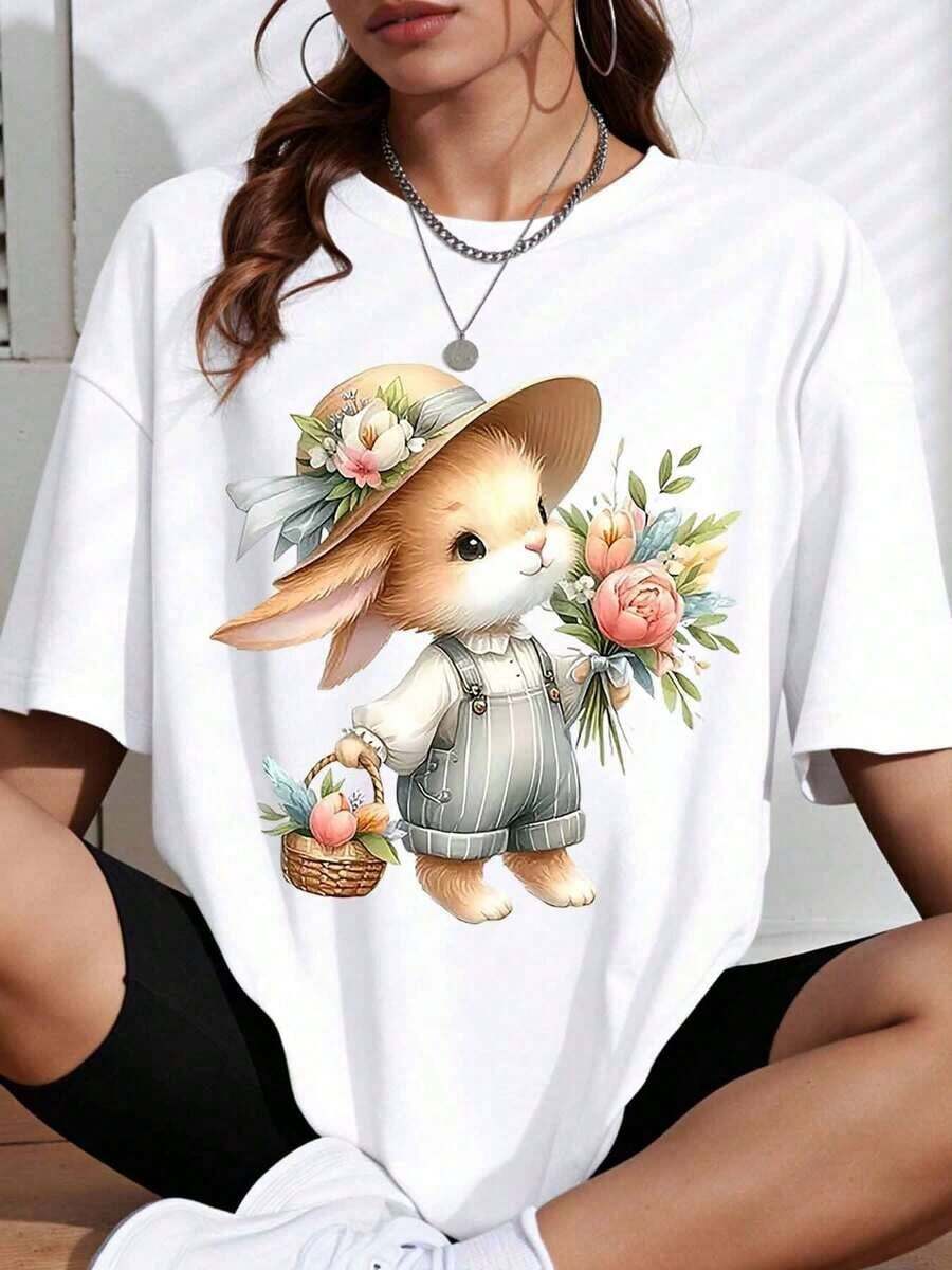 1 Piece Of White T-Shirt With Bunny And Floral Basket Print, Ideal For Spring And Summer, Casual Use, 180g, 100% Cotton. - 白色 - 查看 1