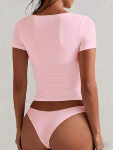 Camiseta ajustada de manga corta con cuello cuadrado de unicolor básico para mujer, blanco casual de verano - Rosa Pálido - Ver 4