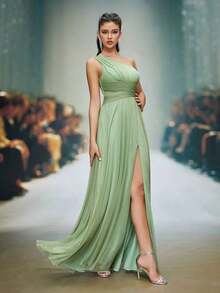 Vestido largo de malla con un hombro, plisado asimétrico en el pecho, cintura hueca y bajo dividido para boda primaveral - Verde - Ver 3