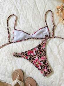 Set de 2 piezas Bikini de tirantes finos con estampado aleatorio para mujer, verano - Multicolor 11 - Ver 2