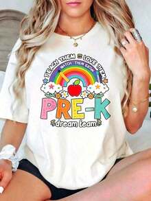 Camiseta Casual, Linda y Colorida para Mujer con Diseño de Arcoíris, Manzanas y Flores para Maestras y Educadoras, Perfecta para la Temporada de Regreso a Clases, Regalo Ideal para Maestras de Preescolar y Amantes de la Educación. - Blanco - Ver 6