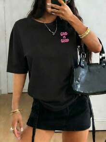 Mexican Basic Casual Short Sleeve Crew Neck T-Shirt With "God Is Good" Graphic Print, Comfortable Plus Size Crew Neck T-Shirt For Women, Spring And Summer, Black, New Launch - 黑色 - 查看 7