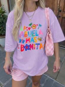 Spanish Grandma T-Shirt, Regular Fit, Latina Grandma Graphic Tee, Comfortable Short Sleeve T-Shirt With Family Slogan 2026, Casual Gift Collar, Summer White - 紫色 - 查看 2