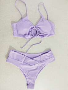 Two-Piece Swimsuit With Neck Tie And Multi-Colored Solid Color Design, Women's Bikini. - Light Purple - View 1