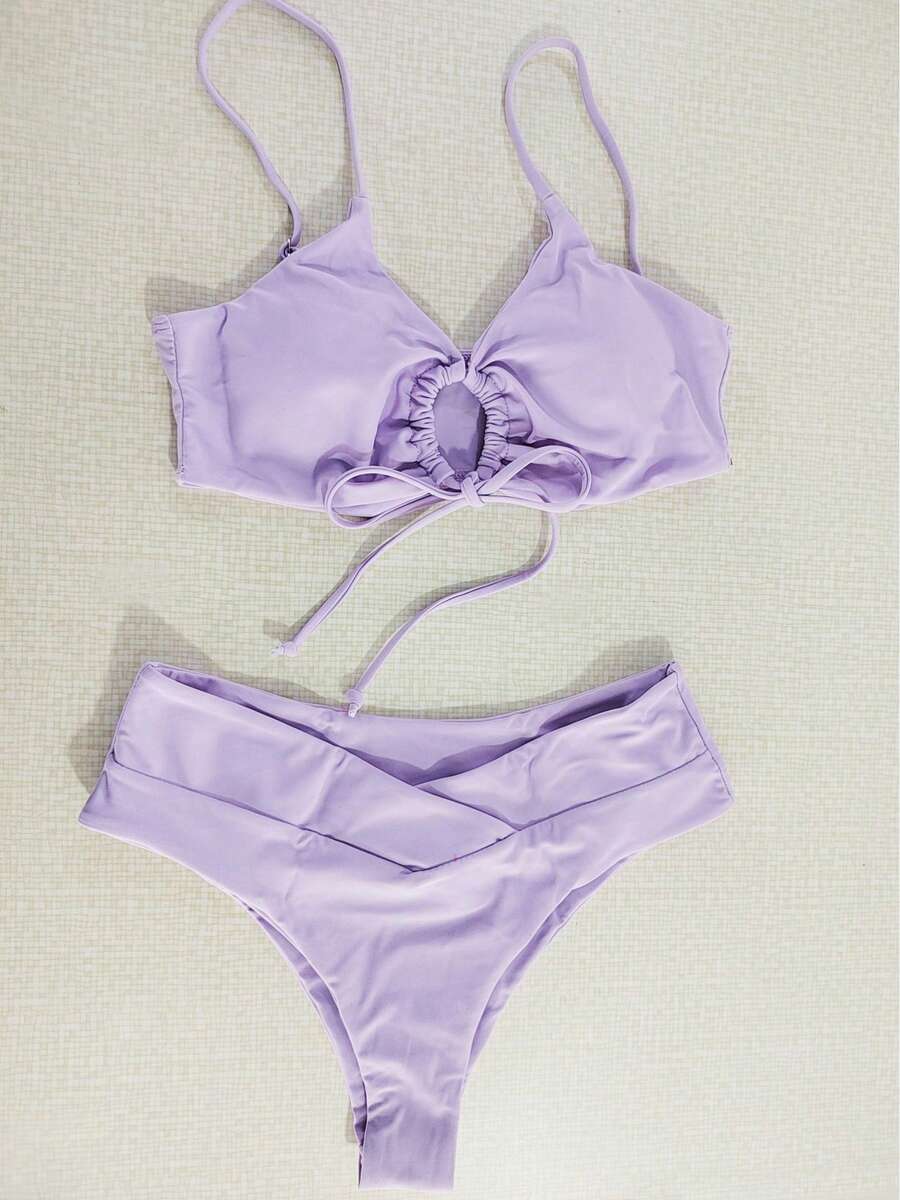 Two-Piece Swimsuit With Neck Tie And Multi-Colored Solid Color Design, Women's Bikini. - Light Purple - View 1