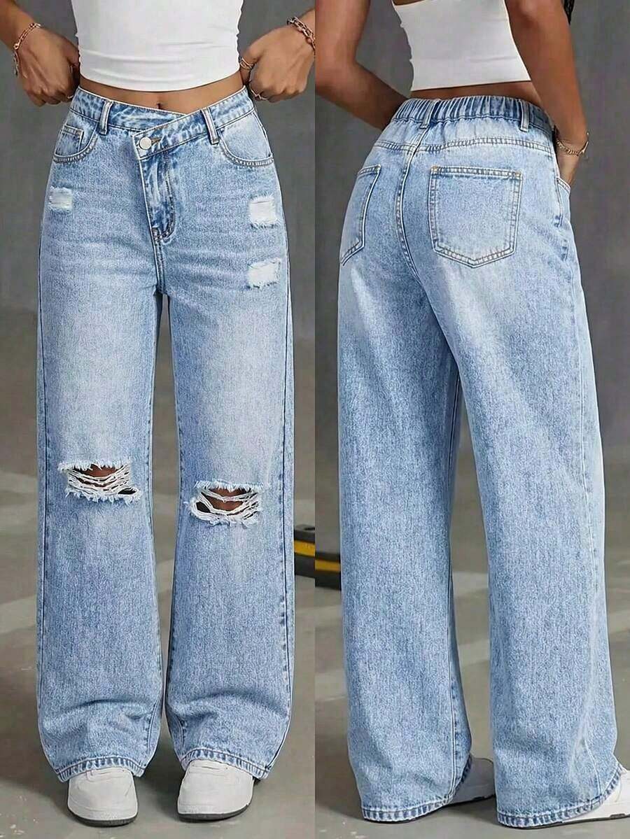 Jeans de pierna ancha para adolescentes, nuevos pantalones rectos con diseño bordado de moño, pantalones vaqueros holgados, pantalones vaqueros holgados para mujer, pantalones vaqueros holgados para niñas, pantalones vaqueros holgados para - Azul 3 - Ver 1