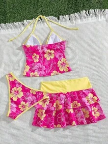 Conjunto de 3 piezas de mujer para primavera/verano: falda/túnica con estampado floral, bloque de color, lazo y volantes para festivales de música en la playa - Multicolor 3 - Ver 8