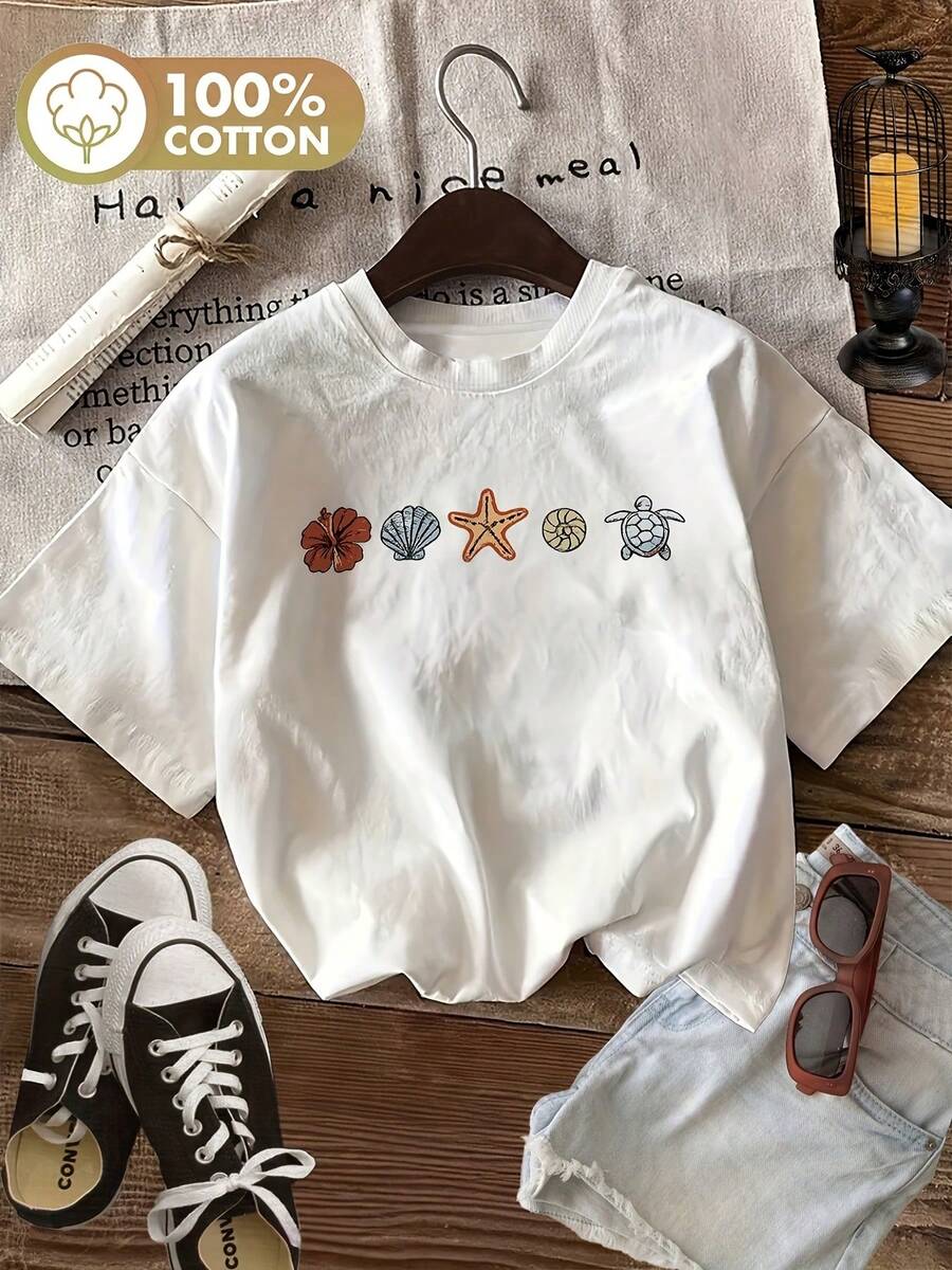 100% Women's T-Shirt; Seashell And Sea Turtle Print; Casual Round Neck Short Sleeve T-Shirt; Summer Vacation Top; Comfortable And Breathable Women's Top; Suitable For Everyday Wear; Can Be Worn In Spring, Summer, And Autumn - 白色 - 查看 1