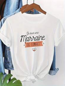 Camiseta de manga corta con cuello redondo y estampado de letras estilo francés para mujer, top casual y elegante para primavera y verano. - Blanco - Ver 7