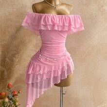 Spring & Summer Vacation Knit Mesh Strapless Fitted Tiered Ruffle Asymmetric Hem Dress, Suitable For Garden Party, Tea Party, Flower Arranging, Date, Bohemian, Boho, Vacation,Summer Dresses For Women - Rosa - Ver 9