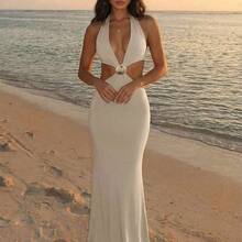 Women's Sexy Beach Vacation Deep V Metal Shell Buckle Decor Backless Fitted Long Dress, Blue - Beis - Ver 11