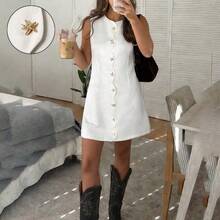 Button Front Cinched Waist A-Line Sleeveless Casual Vacation Elegant Mini Dress, Linen Material Summer Dresses For Women,Business Casual Woman Old Money Style - Albaricoque - Ver 9
